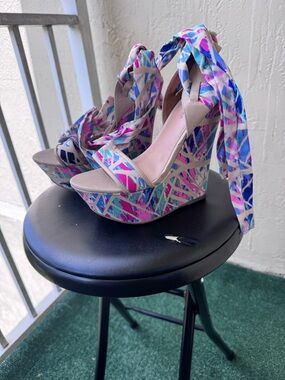 Women’s Colorblock Tie-Wrap Wedge Sandals - Pink/Blue